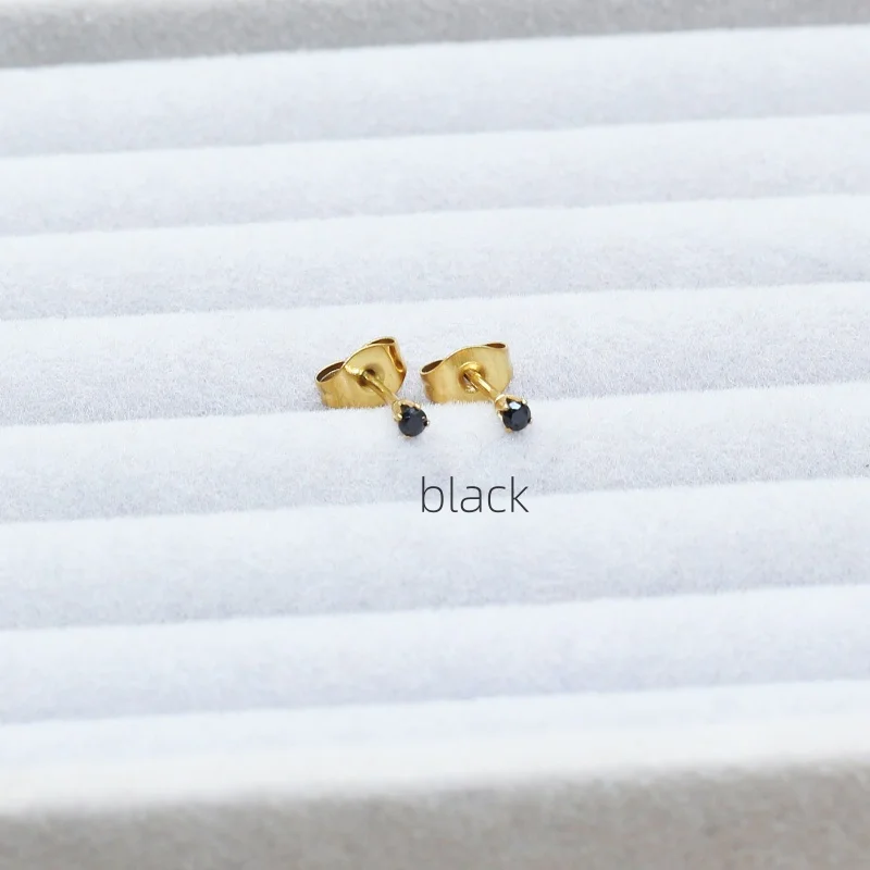 3055 2mm Schwarz-Weiß-Champagner-Zirkon-Ohrstecker, rund, schlicht, Edelstahl, IP-beschichtet, kein Verblassen, antiallergisch – Detail 7
