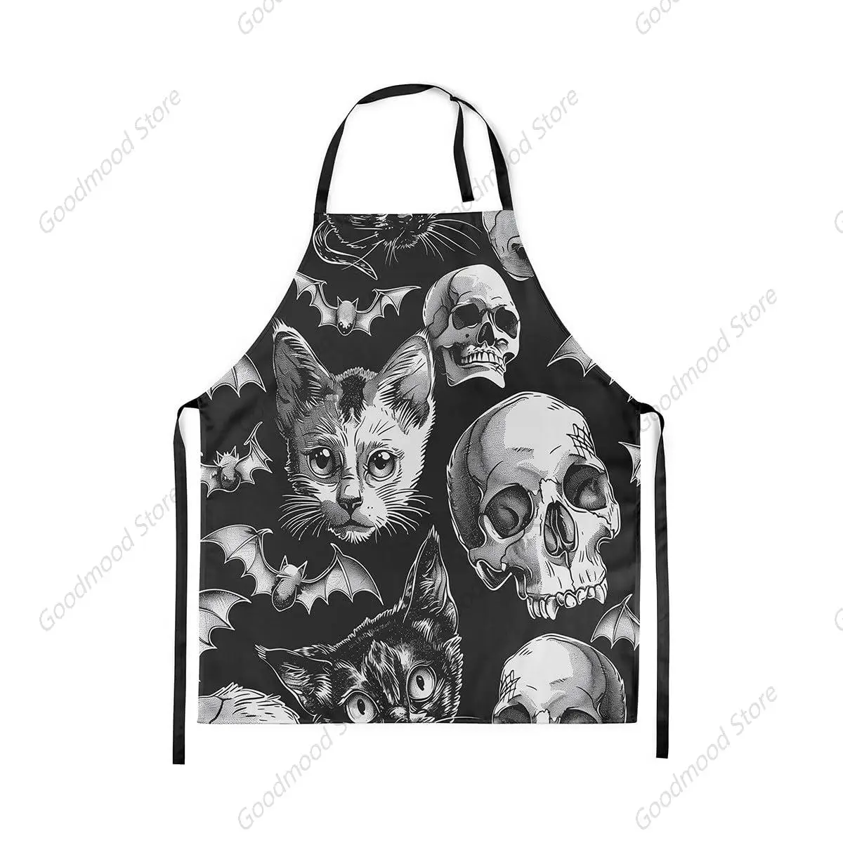 Halloween Theme Polyester Aprons,Gothic Skull Bat Cat Hand Graffiti for Gardening Baking Painting,Mystic Animal Kitchen Apron