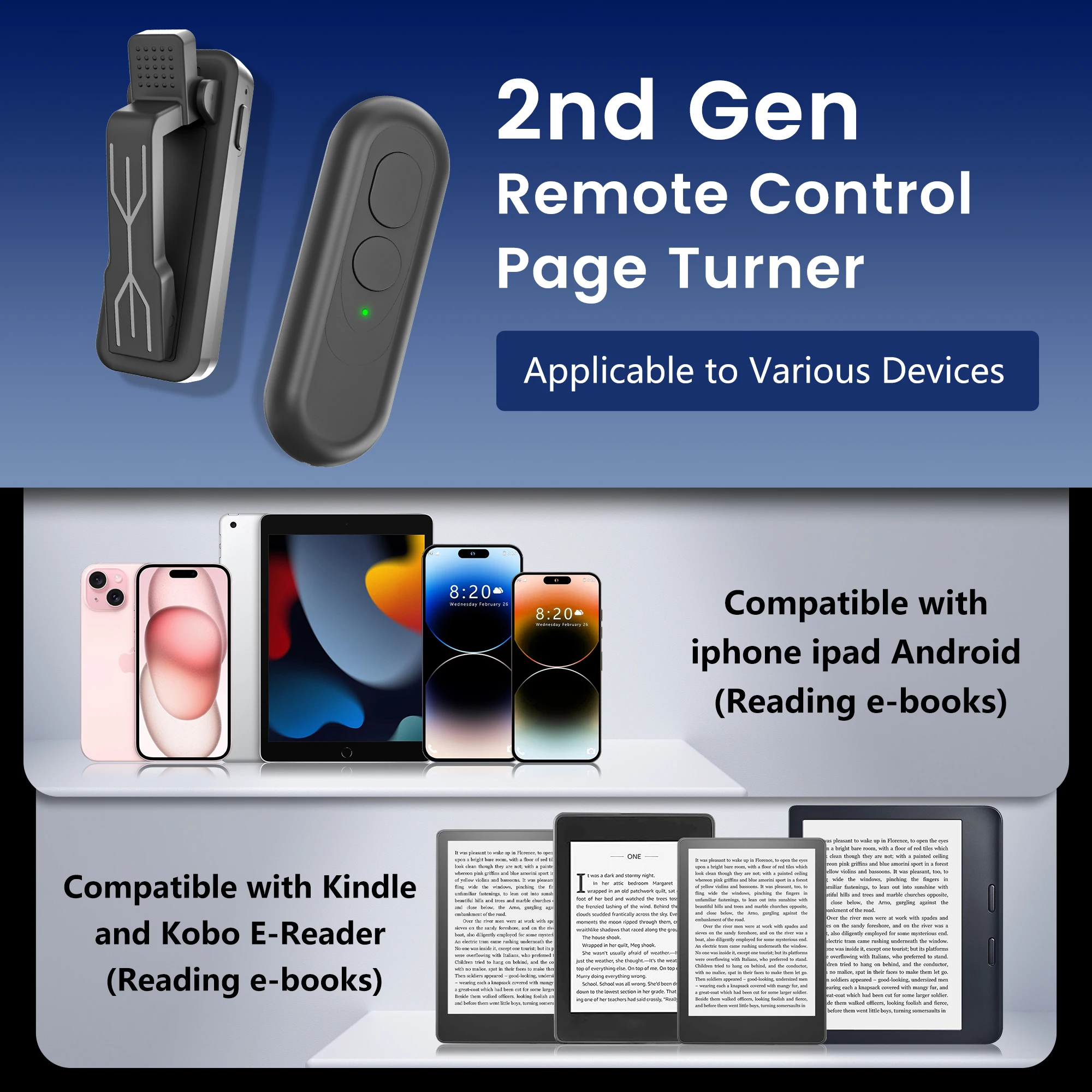 RF Remote Control Page Turner Phone Camera Shutter Video Record Remote Clicker for Kindle Kobo EReaders Reading Accessories