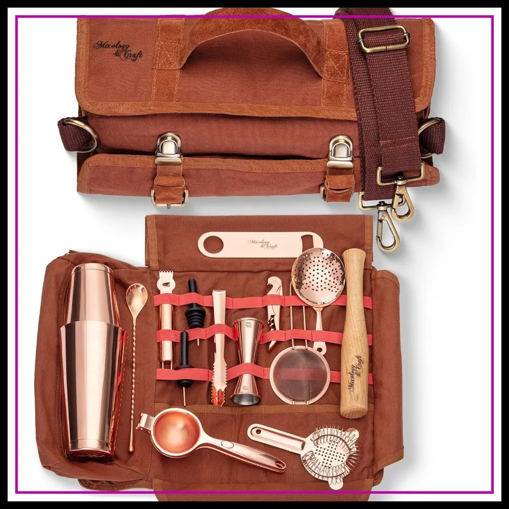 

17-Piece Copper Bar Tool Set with Tote Bag & Shoulder Strap for Portable Home Cocktails, Parties