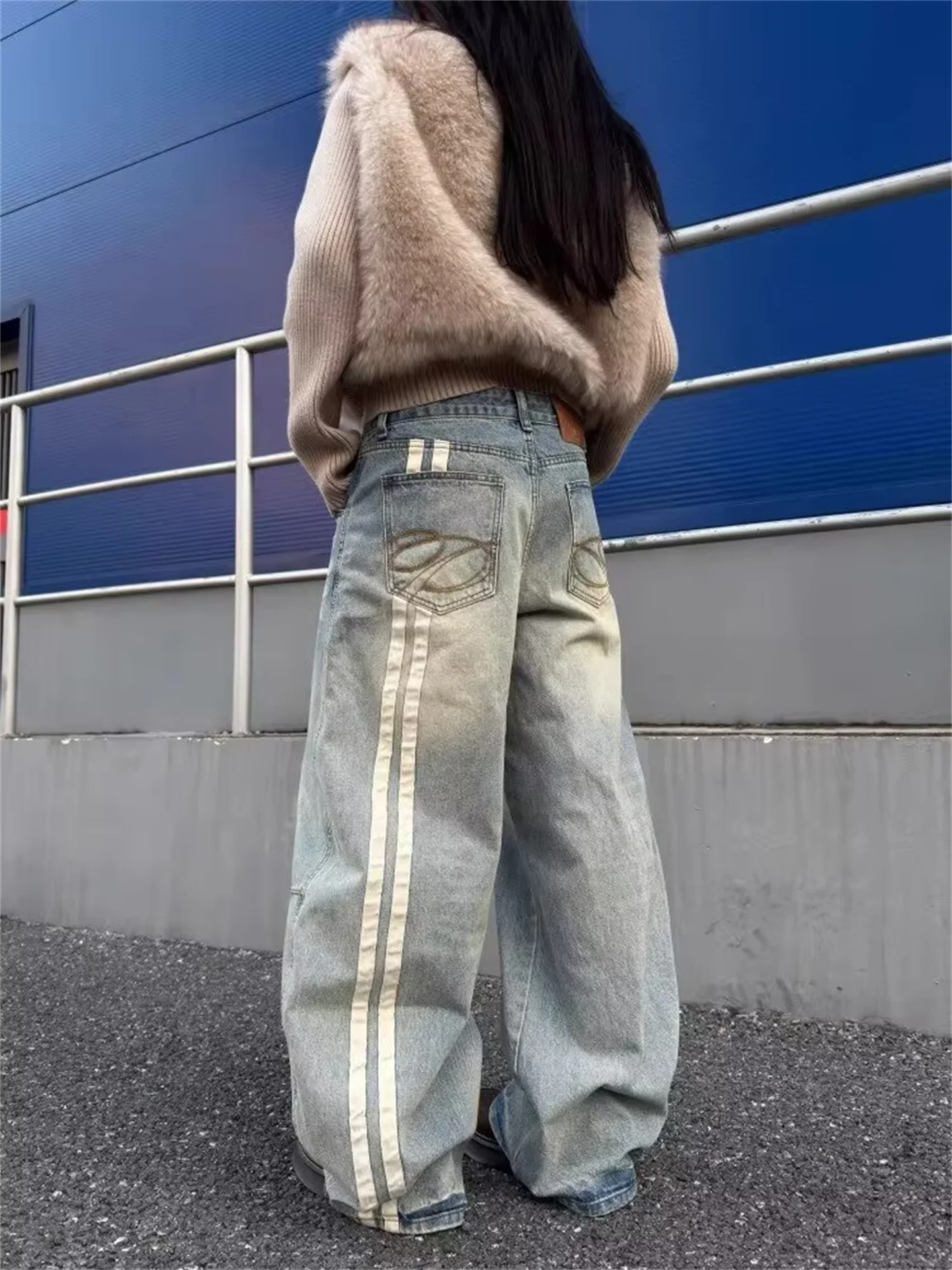 Jeans Americanos Estilo High Street com Efeito Desgastado, Unissex, Primavera Outono, Calças Longas de Perna Larga e Corte Re...
