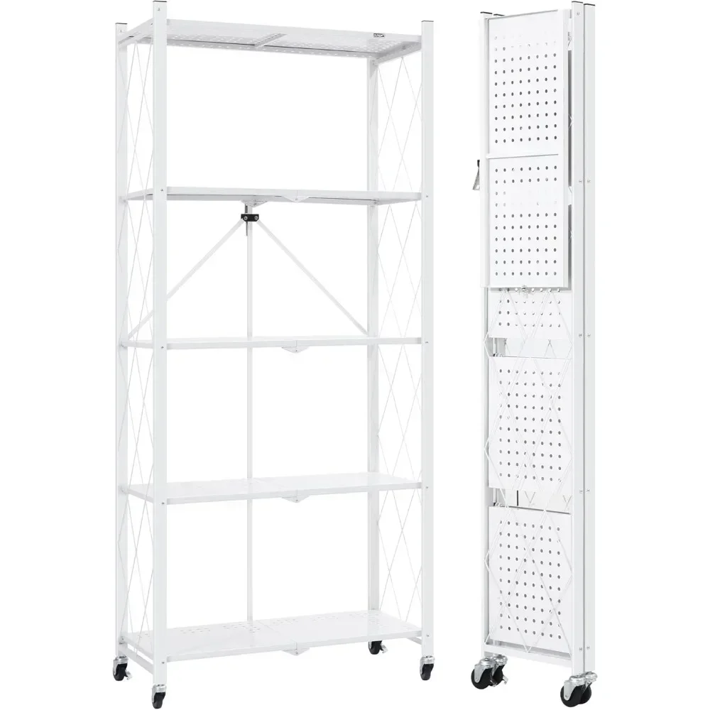 

Metal Storage Shelves, 5 Tier Folding Storage Shelves on Wheels, Heavy Duty Collapsible Shelving Unit, No Assembly Storage Rack