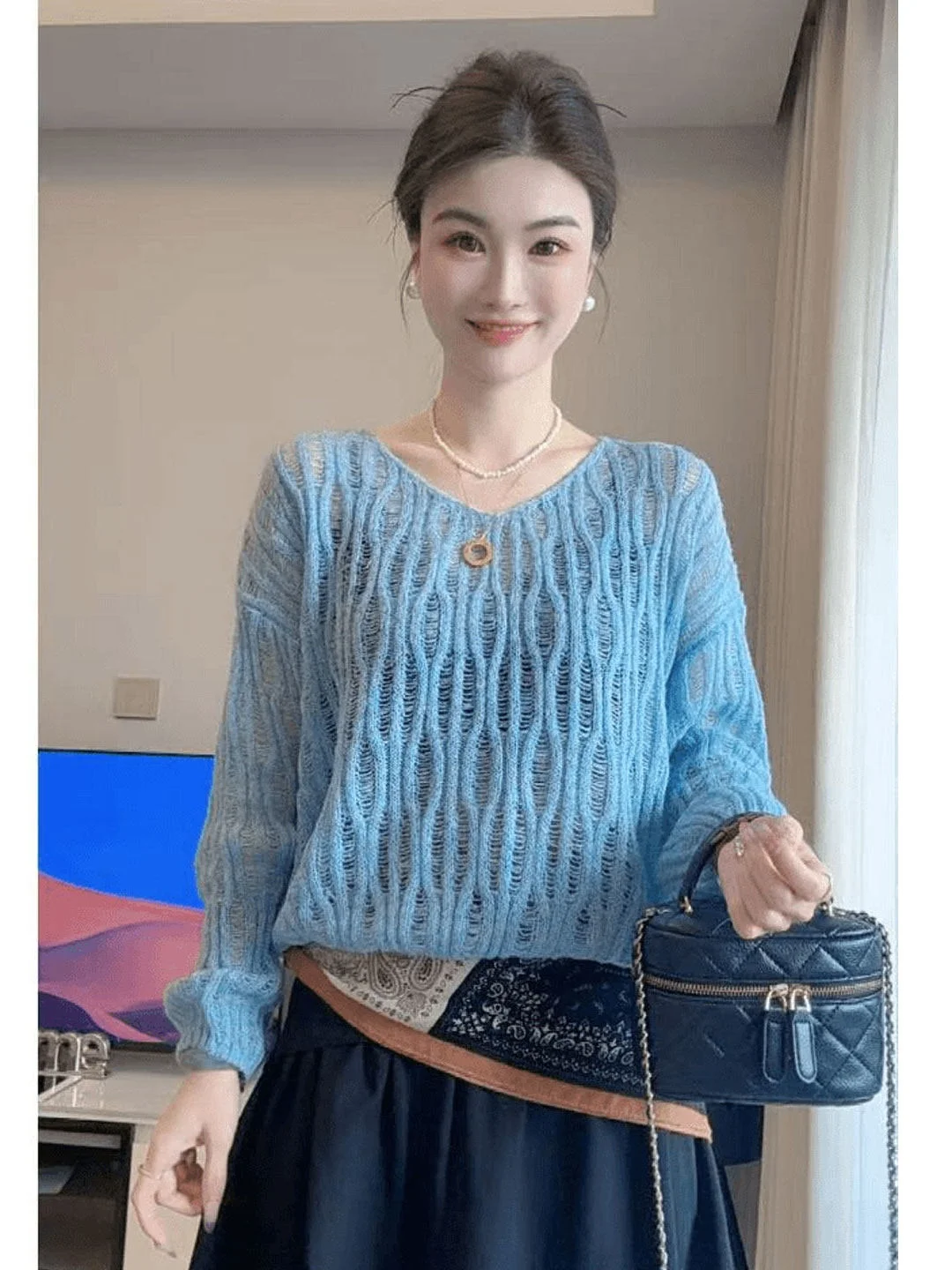 

Summer Loose Fit Lightweight Purple Sun Protection Knitted Top Women's Air Conditioning Cover Shirt Casual Lazy Style