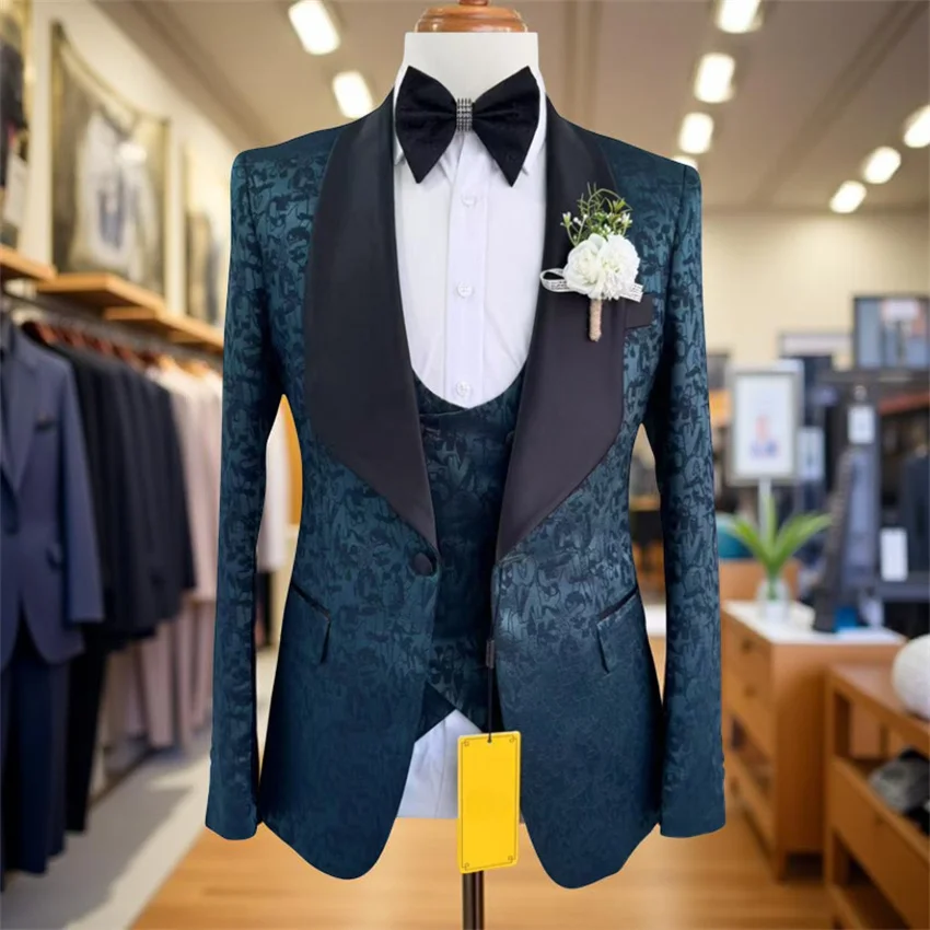 Floral Fashion Wedding Tuxedo for Groomsmen 3 Pieces Slim Fit Formal Prom Men Suit Jacket with Pants Vest Ready to Ship