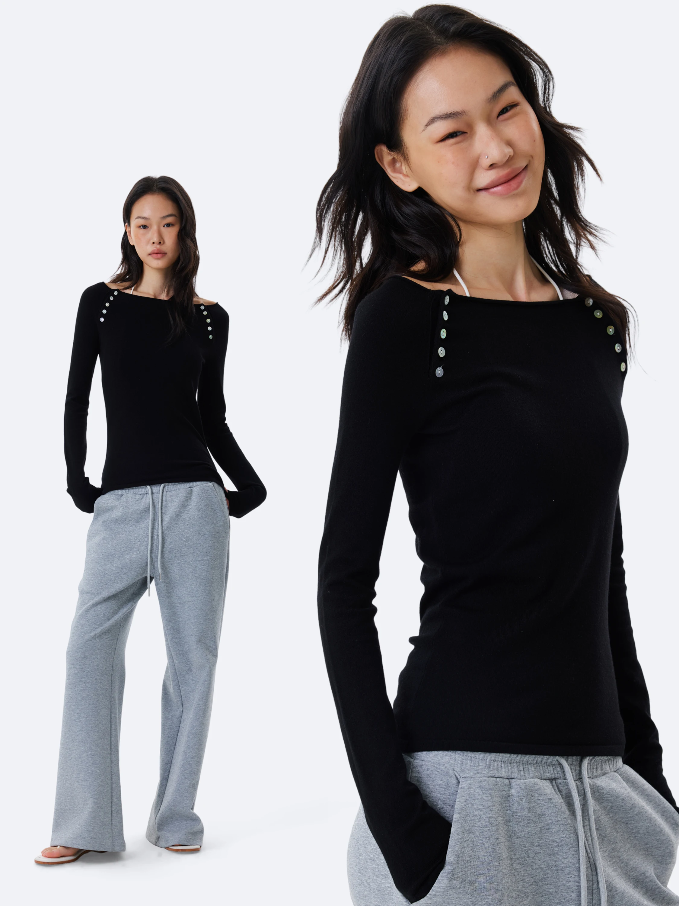 Black Long Sleeve Slim Fit T-Shirt Women's Autumn New  Button Design Sense Top GOGO BURN Casual Style Lenzing Fiber