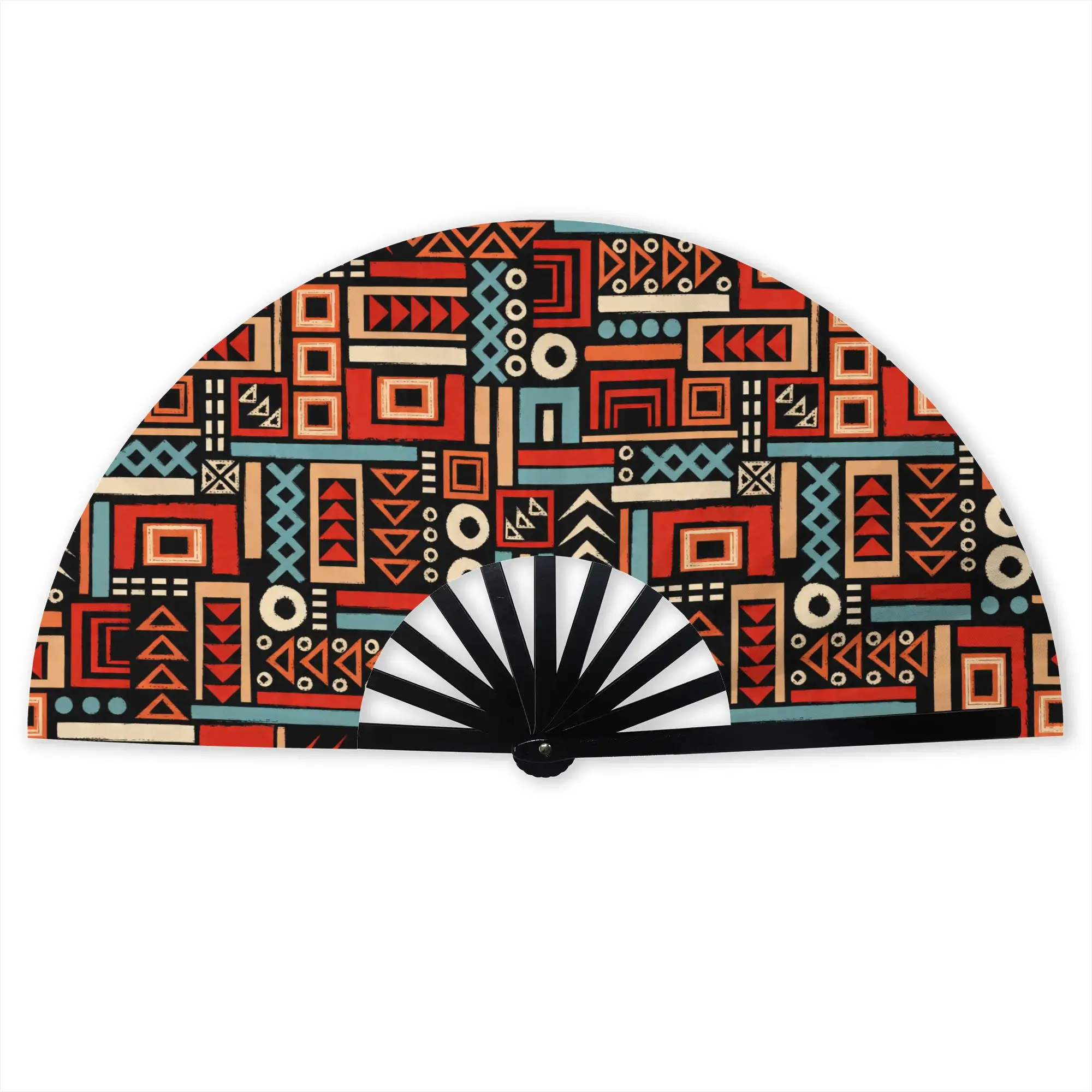 Geometric African Shapes  Portable Pocket Fan Outdoor Red Black Cream And Orange Folding Fan Chinese Dance Cooling Handheld Fans