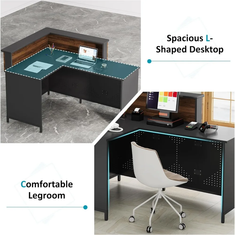 LED-Illuminated L-Shaped Reception Desk, 60 Modern Front Desk for Office, Lobby, Cafe, and Beauty Salon