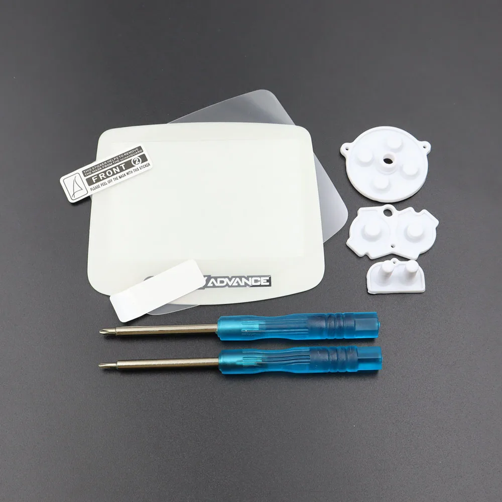 Plastic Lens Mirror & Clear Protective Film + Conductive Rubber Button and Screwdriver For GBA Console Screen Lens Protector