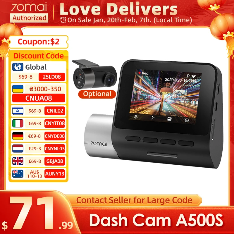 70mai A500S Dash Cam Pro Plus+ 1944P 140FOV 70mai Car DVR Support Rear Cam WIFI Built-in GPS ADAS 24h Parking Surveillance