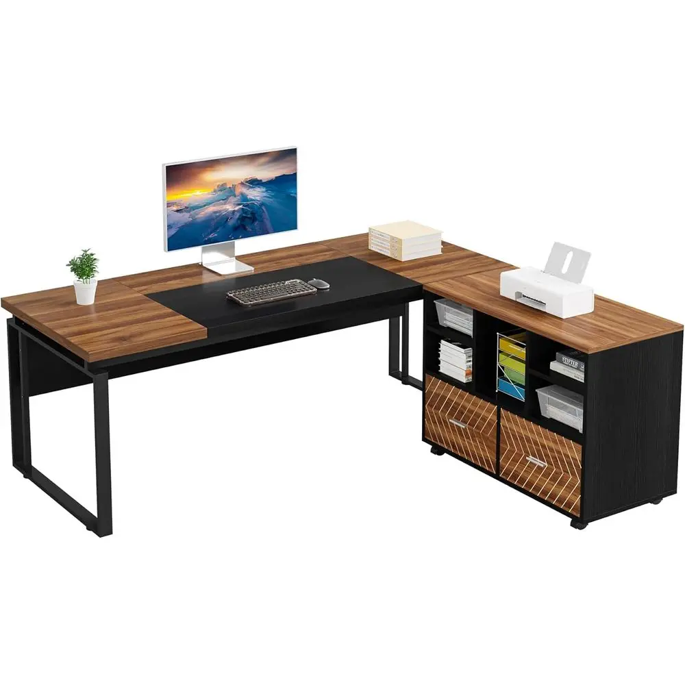 

L-Shaped Executive Desk with File Cabinet Combo, Ideal for Large Office or Home, Reversible 2-Drawer Wood File Cabinet for A4/Le