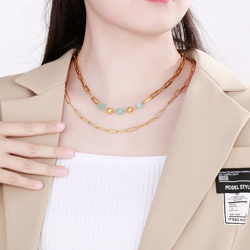 Elegant Stainless Steel Necklaces For Women French Light Luxury Muticolor Stone Beads  Choker Mujer Double Chain Jewelry Gifts