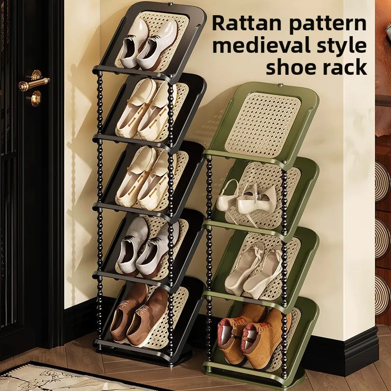 Multi-Tier Stackable Shoe Rack Rattan-Look Stable Shoe Organizer Space Saving Entryway Storage Shelf for Home