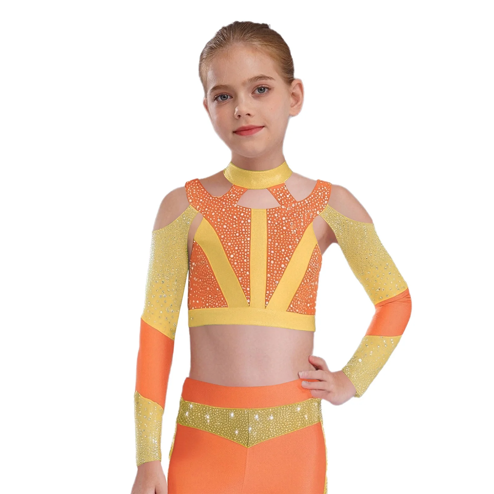 

Kids Girls Rhythmic Gymnastics Acrobatics Dance Costume Long Sleeve Shiny Rhinestone Cross Back Cutout Crop Top Figure Skating