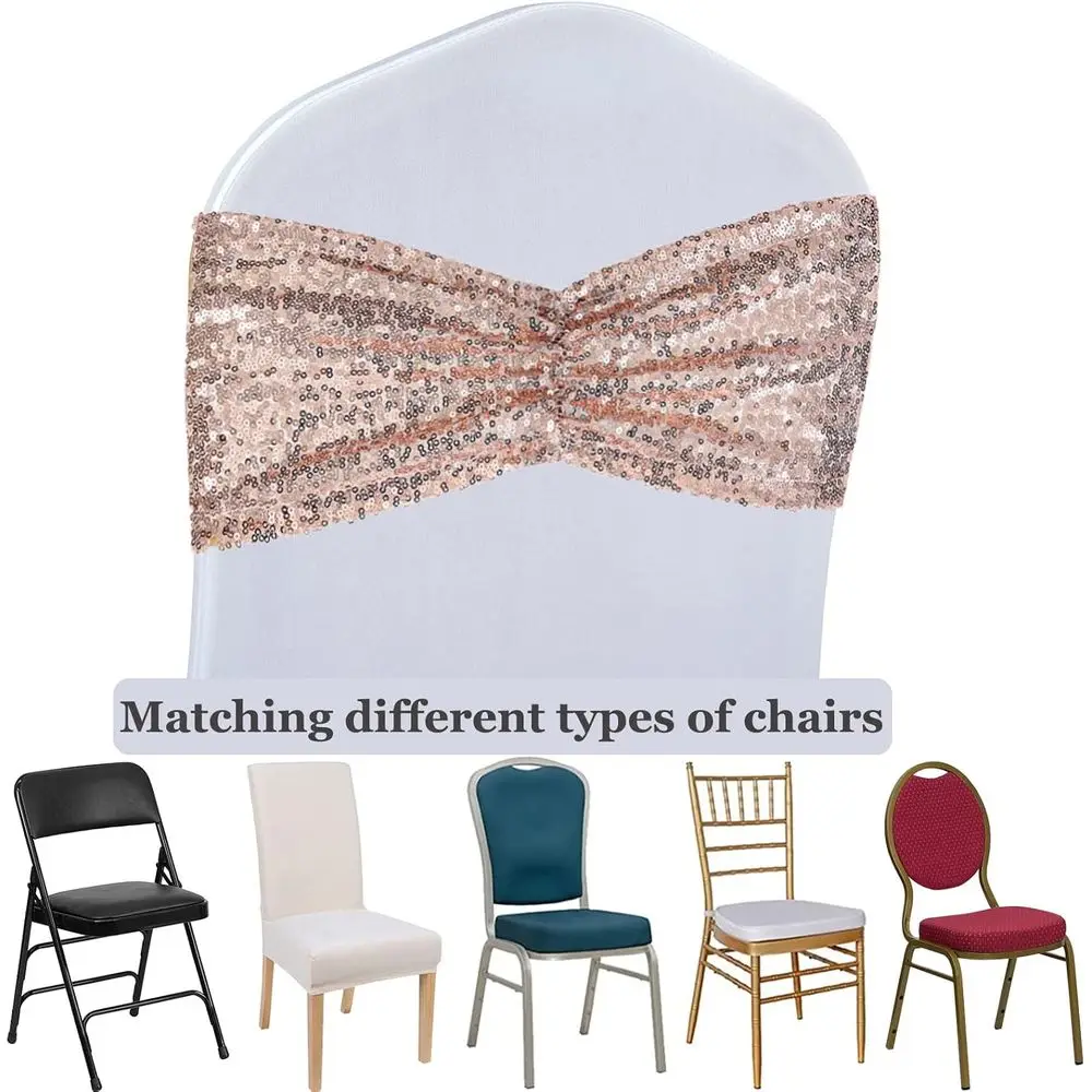 Set di 100 fasce per sedie con paillettes in oro rosa per matrimoni, feste e decorazioni eleganti per la casa