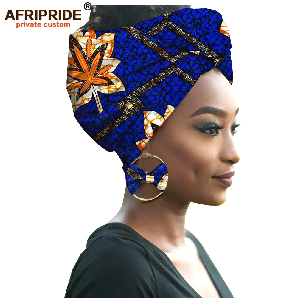 2024 Fashion African Headwraps+earings 2 Piece Sets for Women Bazin Riche African Head Scarf Pure Cotton A19H002 AFRIPRIDE