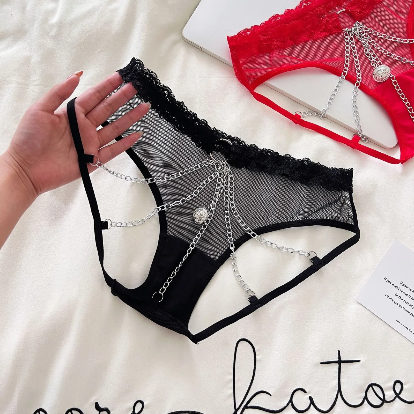 Sexy Open Crotch Thong Transparent Women's Triangle Underwear Hollow Metal Chain T Pants With Bell Sexi Adult Female Lingerie