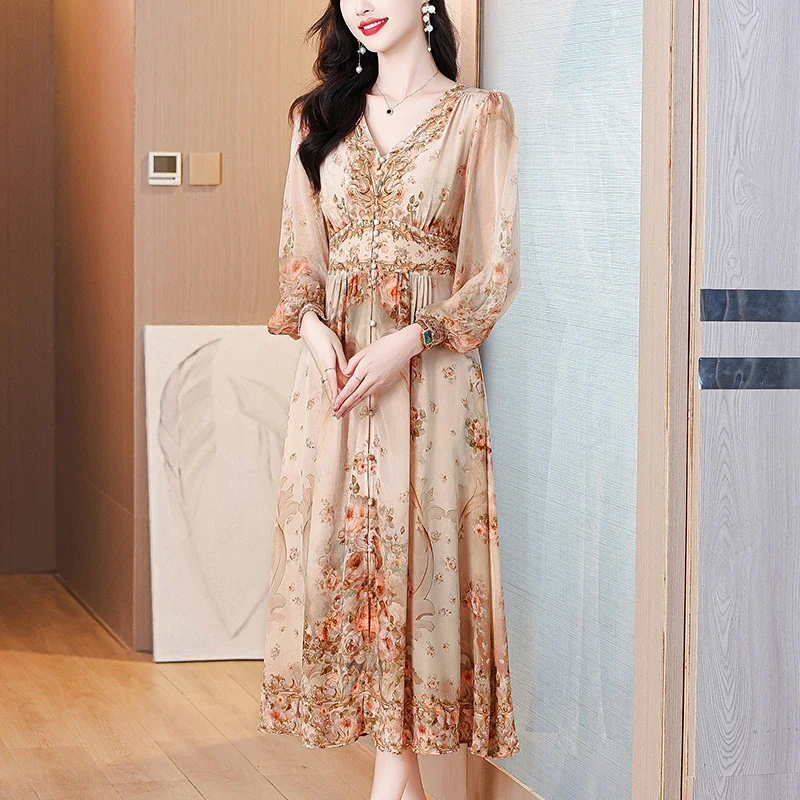 Summer Luxury Silk Floral Beach Midi Dress Women's Vintage Elegant Evening Prom Dress Spring Holiday Boho Hepburn Vessios XQ286