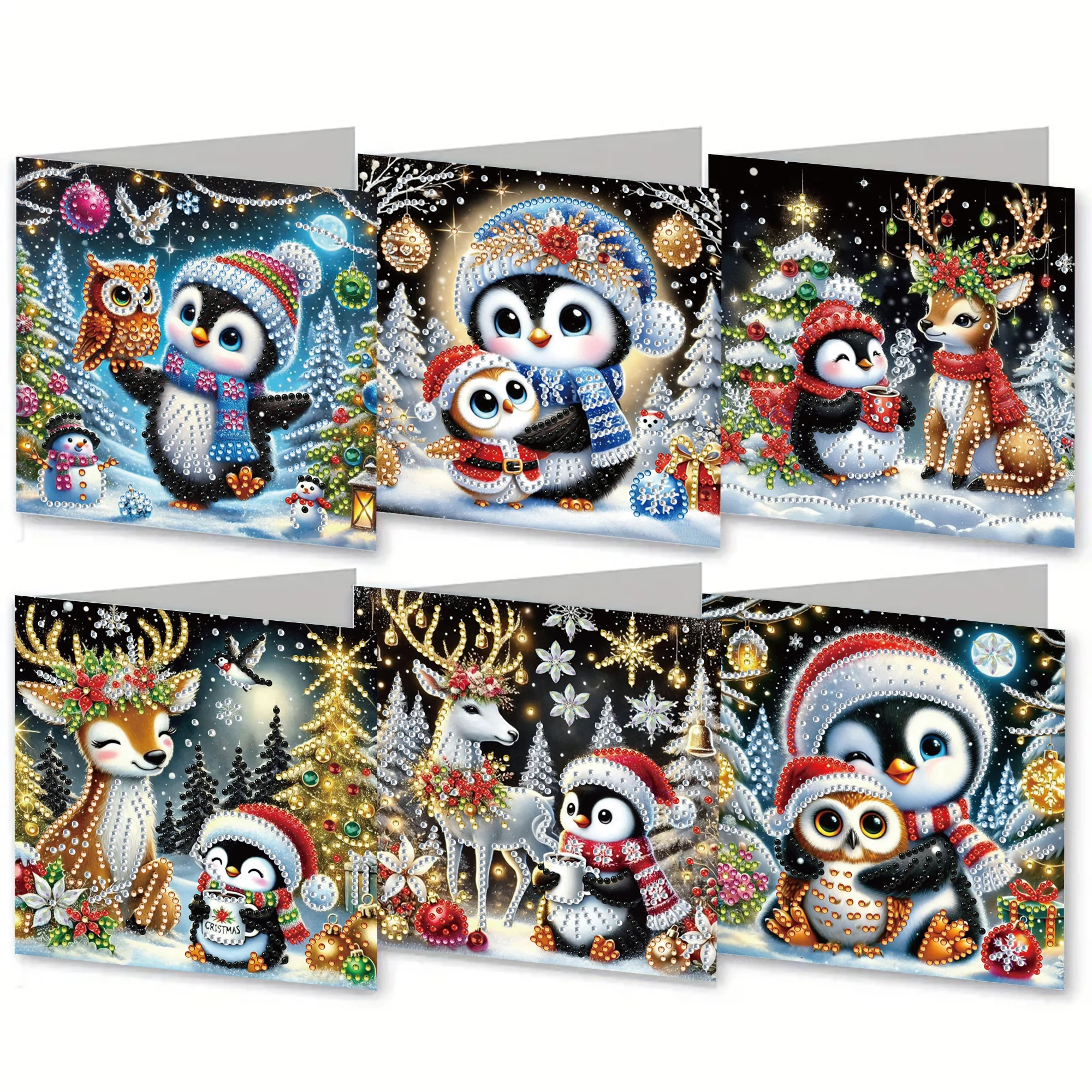 6-piece DIY diamond painting greeting card with envelope, wishes and wishes, christmas penguin  theme unique design