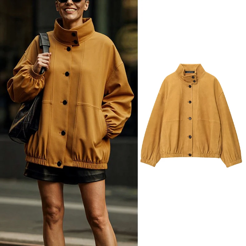 

Осенняя повседневная куртка-бомбер, новинка 2023 года, женская однобортная свободная куртка с воротником-стойкой, осенняя многослойная куртка Trafizaran для путешествий