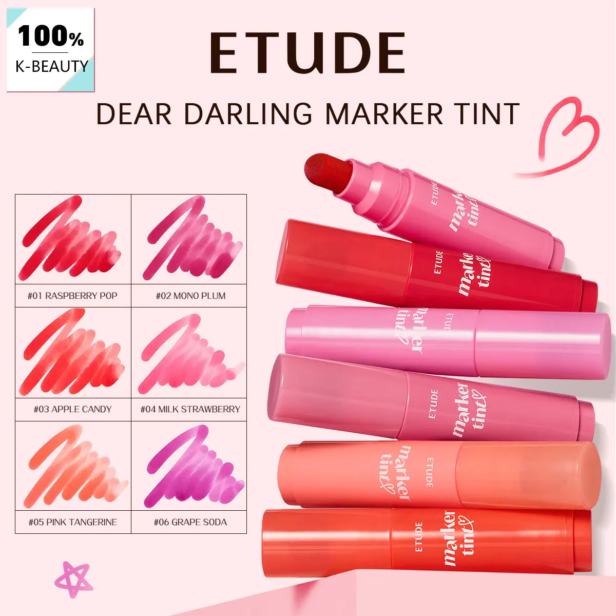 Marcador de Labios ETUDE Dear Darling, Aplicación Suave, Acabado Brillante e Hidratante, Color Vibrante, Sensación Sedosa, Cosmético Coreano, Maquillaje Coreano
