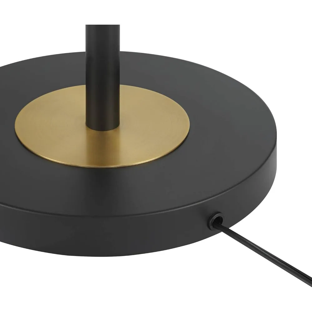 Moderne Rayna-vloerlamp uit het midden van de eeuw, 61,5 hoog, zwart en warm goudkleurig metaal, gebroken witte linnen trommelkap