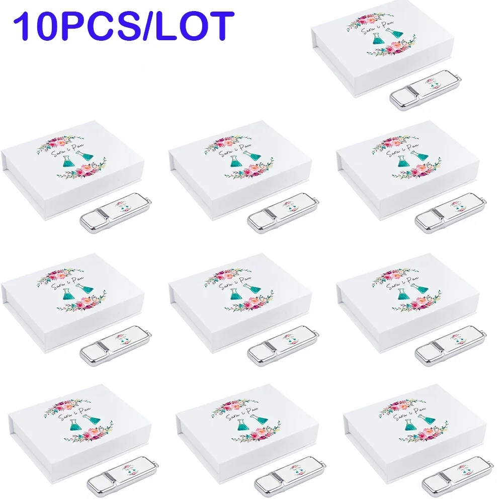 10 PCS LOT Leather USB Flash Drive 128GB Free Color Printing Logo Memory Stick 64GB Creative Wedding Gift 32GB with Pretty Box