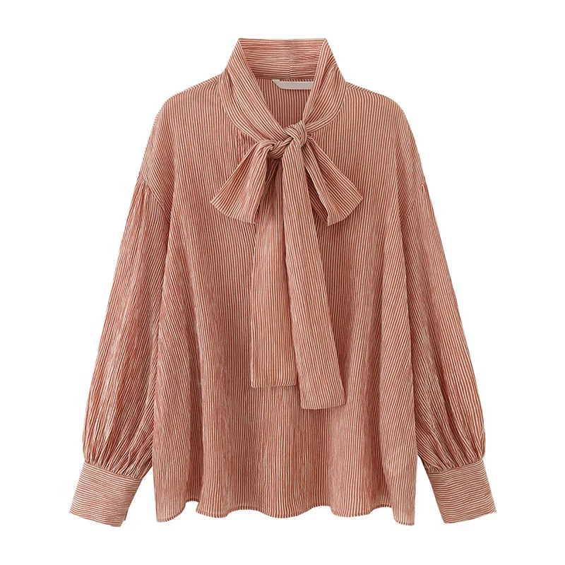 

YENKYE 2026 New Women's High Neck With Tie Striped Shirt Long Sleeve Loose Casual Office Blouse Fashion Pullover Tops