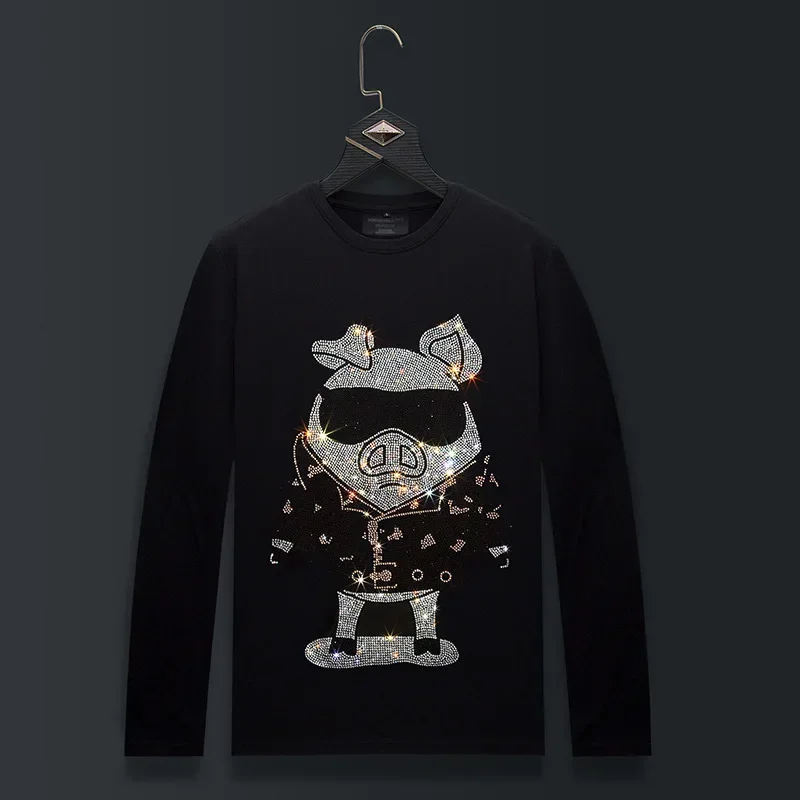 

Футболки больших размеров со стразами и героями мультфильмов, мужские модные уличные футболки с круглым вырезом и длинными рукавами, тонкие хлопковые футболки из модала, мужская одежда