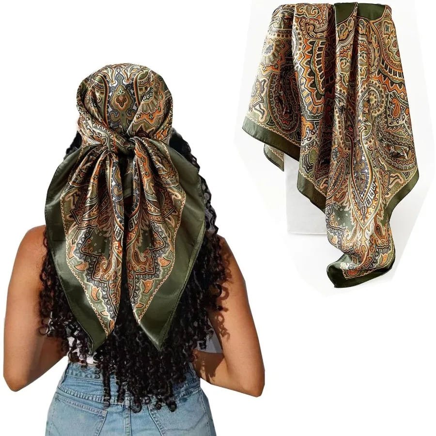 

Большой квадратный платок на голову с атласной шелковой текстурой для женщин. Универсальная зеленая бандана. Идеально подходит для стильной повседневной носки.