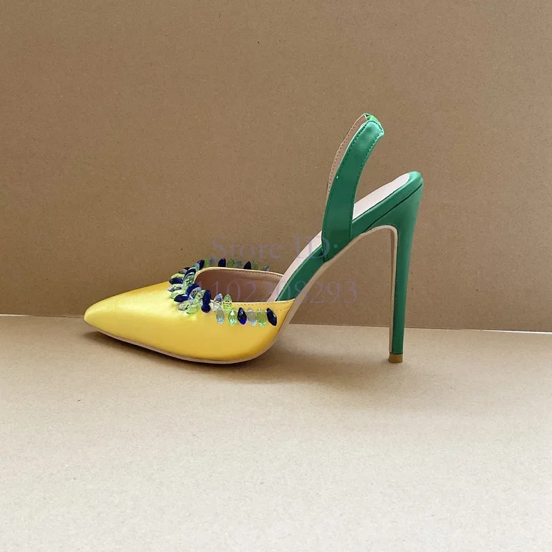 Crystal Pointed Toe Thin High Heels Pumps Satin Yellow Elegant Stilettos Sandals Slip-on 2025 Women Summer Vintage Dress Shoes