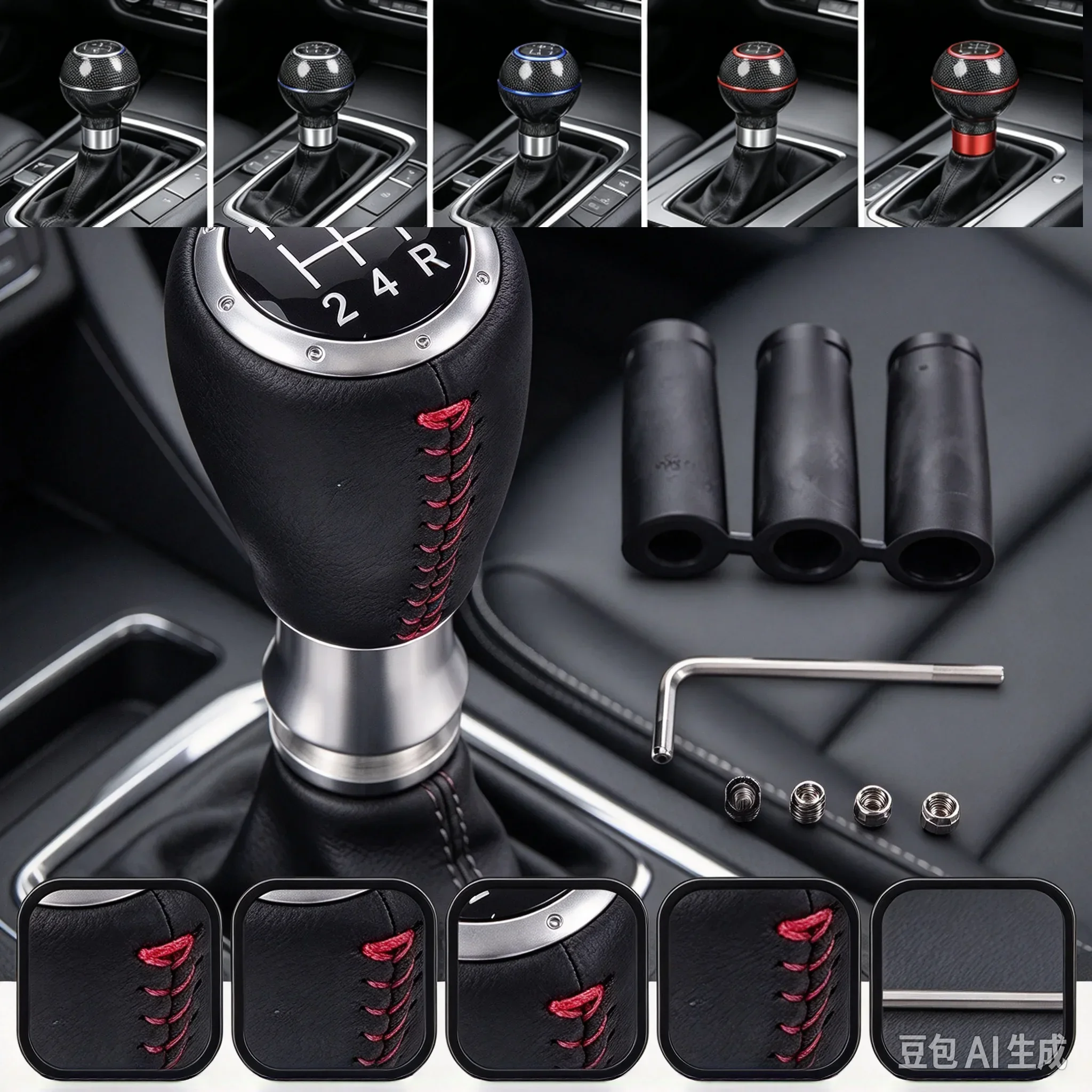 5 Speed Car Black Manual Leather Shifter Gear Shift Knob Gear Red Stitch Universal Aluminium Fit For Honda Toyota Nissan