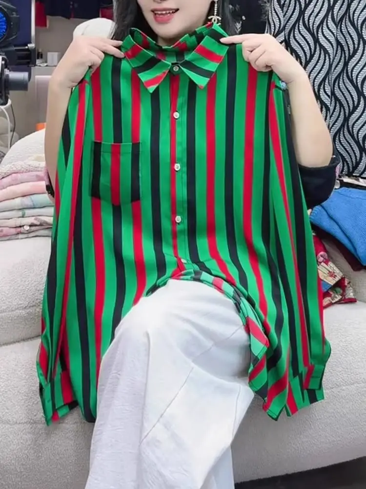 

Striped Design Green Single Breasted Lapel Shirt 2025 Spring And Summer New Long Sleeved Top For Women