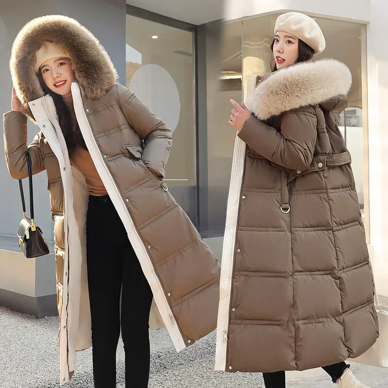 2024 Winter New Down Cotton Parkas Jacket Women\'s X-Long Faux Fur Collar Padded Jacket Thick Loose Large Size Padded Jacket