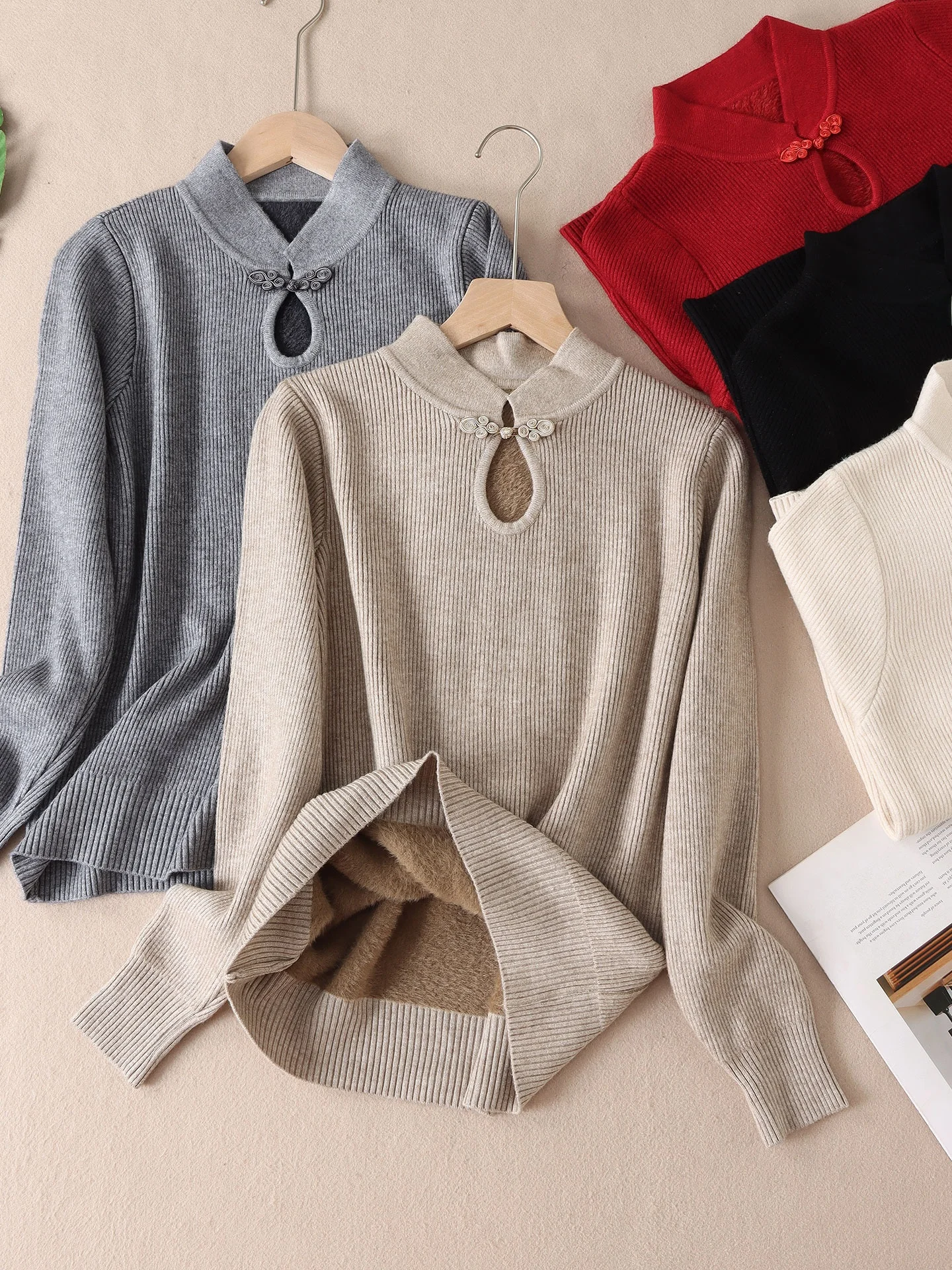 

Thiened Chinese Sle Button up Long Sve Women's Knitted Sweater Fce Lined Autumn Winter New Arrival WA65