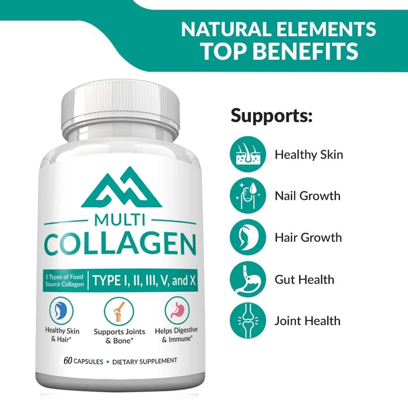 Multi collagen 60 capsules - Type I, II, III, V, X eggshell, chicken, wild fish, and grass fed beef mixture 2025 milligrams