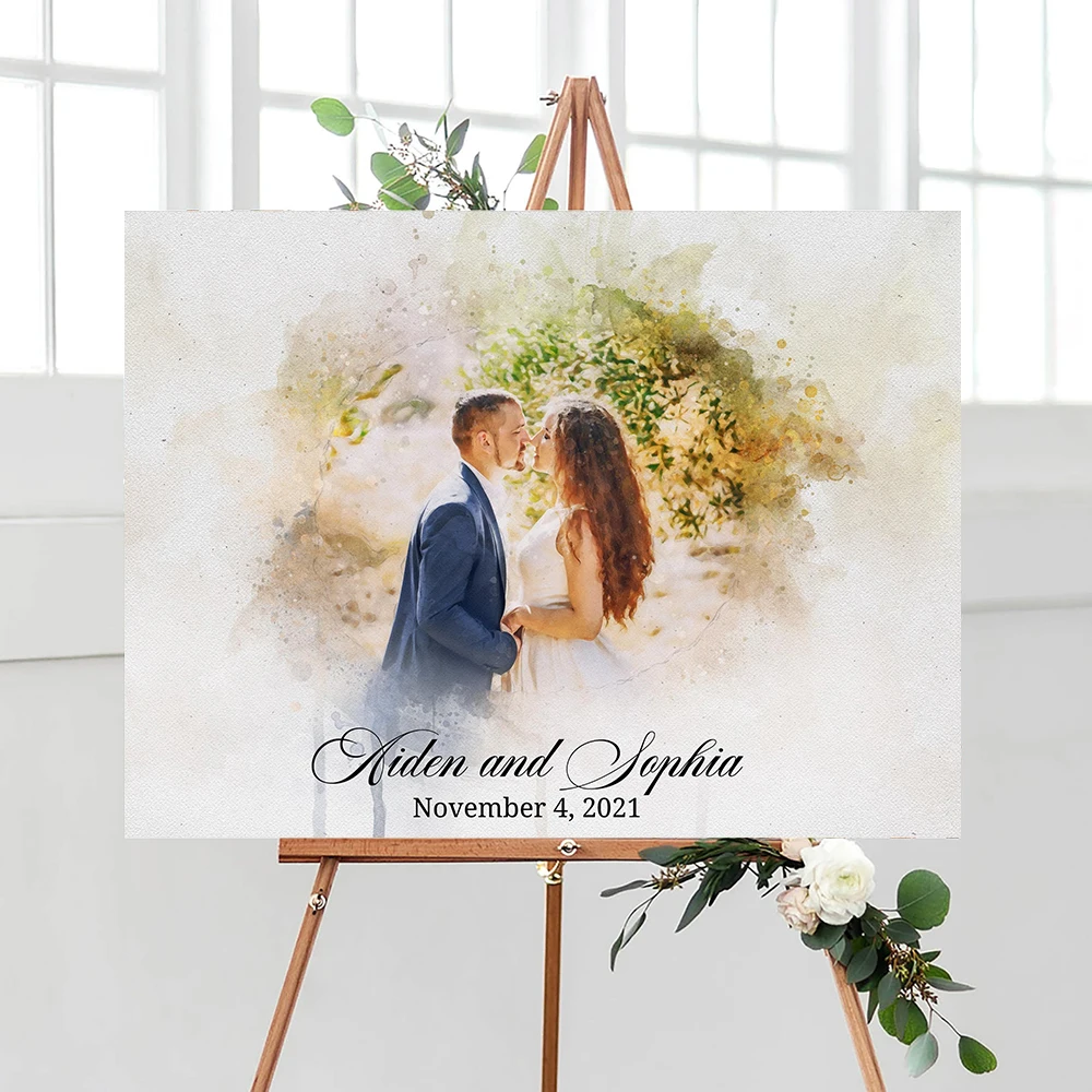 

Watercolor Couple Portrait Poster Unique Wedding Welcome Sign Art Print Canvas Painting Wall Picture for Welcoming Guests Decor