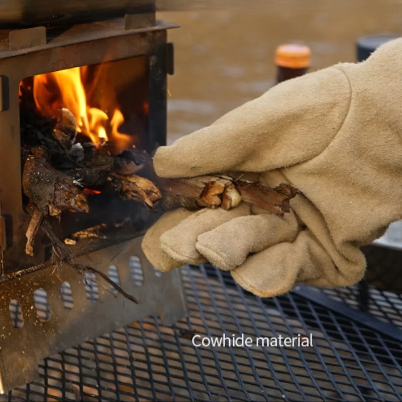 معدات التخييم في الهواء الطلق نزهة قفازات واقية، النار الشواء جلد البقر المضادة للحرارة العزل الحراري سميكة ارتداء قفازات واقية