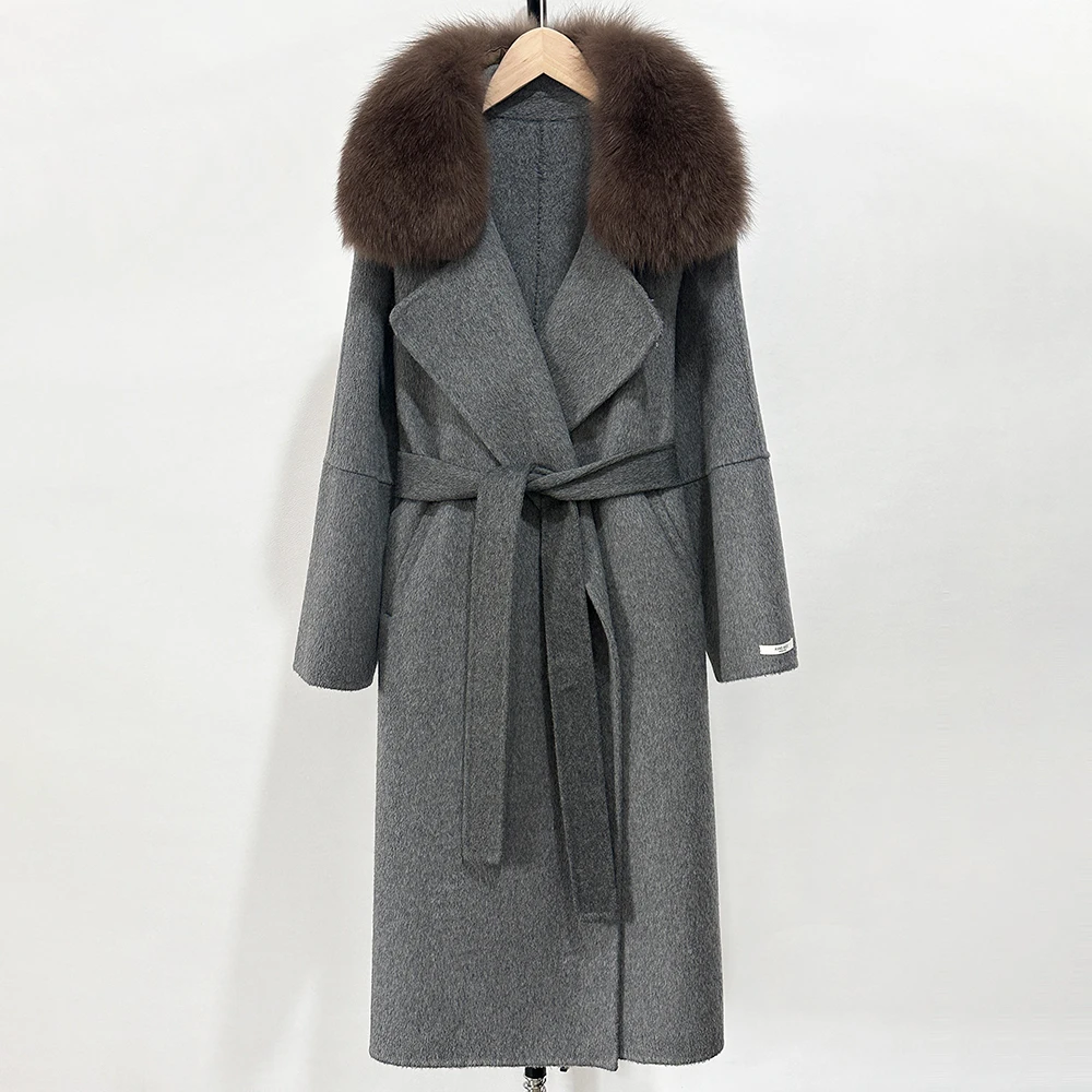 OFYBUY Modischer Warmer Wollmantel mit Echtfuchspelzkragen, Neue Herbst-Winter-Langkleidung für Damen, Eleganter Wollmantel mit Gürtel für Frauen – Detail 24