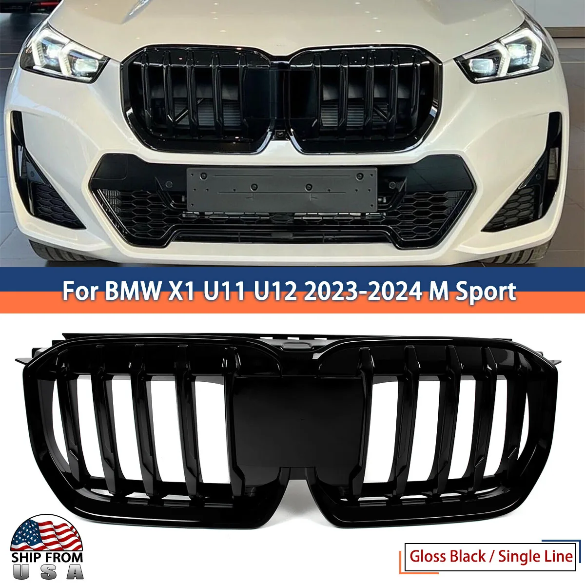 

Gloss Black Front Kidney Grille Replace For BMW X1 U11 2023-2024 M Sport Single Line Front Bumper Grill Racing Grills Magickit