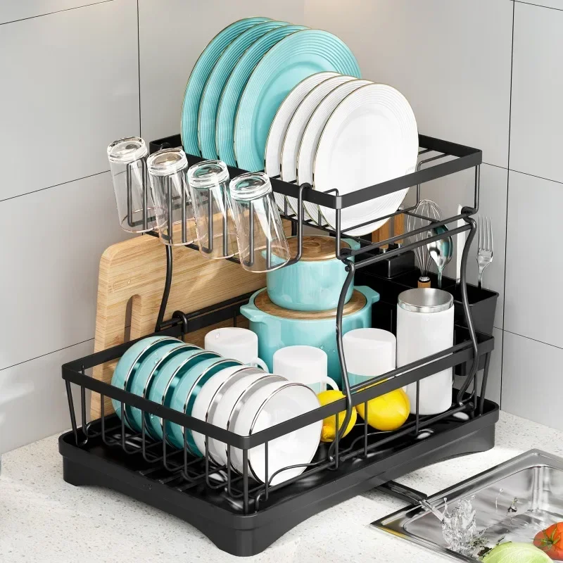 

Large Capacity Dish Drying Rack Multifunctional Cutlery Organizer Drain Tray Swivel Drip Tube Efficient Storage Dish Drainer