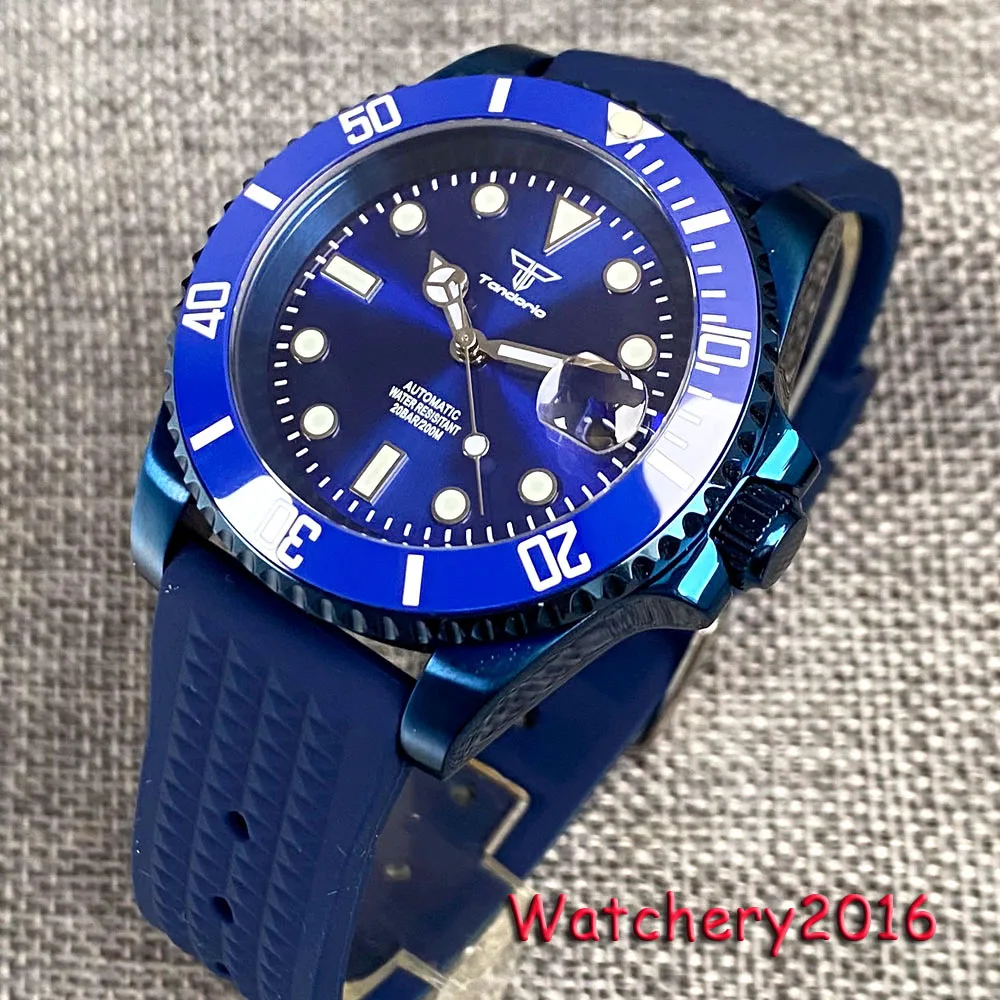 

NH35 Watch For Men Blue coating Stainless Steel 40mm Tandorio Blue Sunburst Dial Rubber Strap Automatic Mechanical