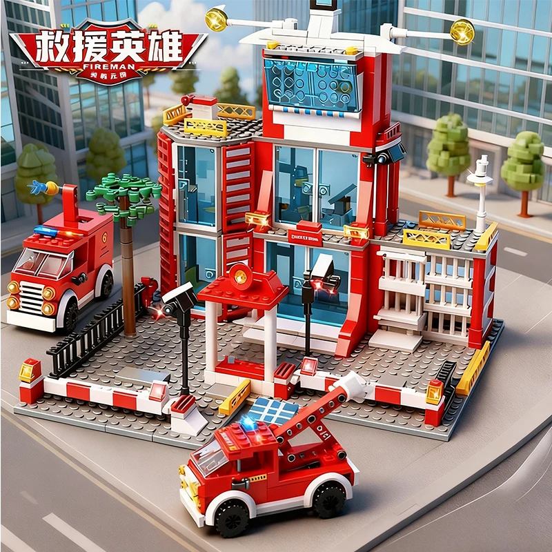 

Городские строительные блоки, полицейская станция, модель пожарной станции, пожарная машина, фигурки пожарных, кирпичи, игрушки, Рождественский подарок для мальчиков
