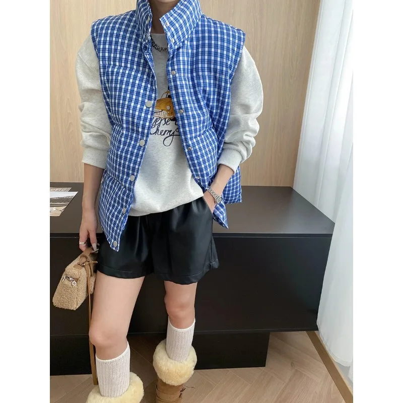 

Синий клетчатый хлопковый жилет с контрастным воротником-стойкой