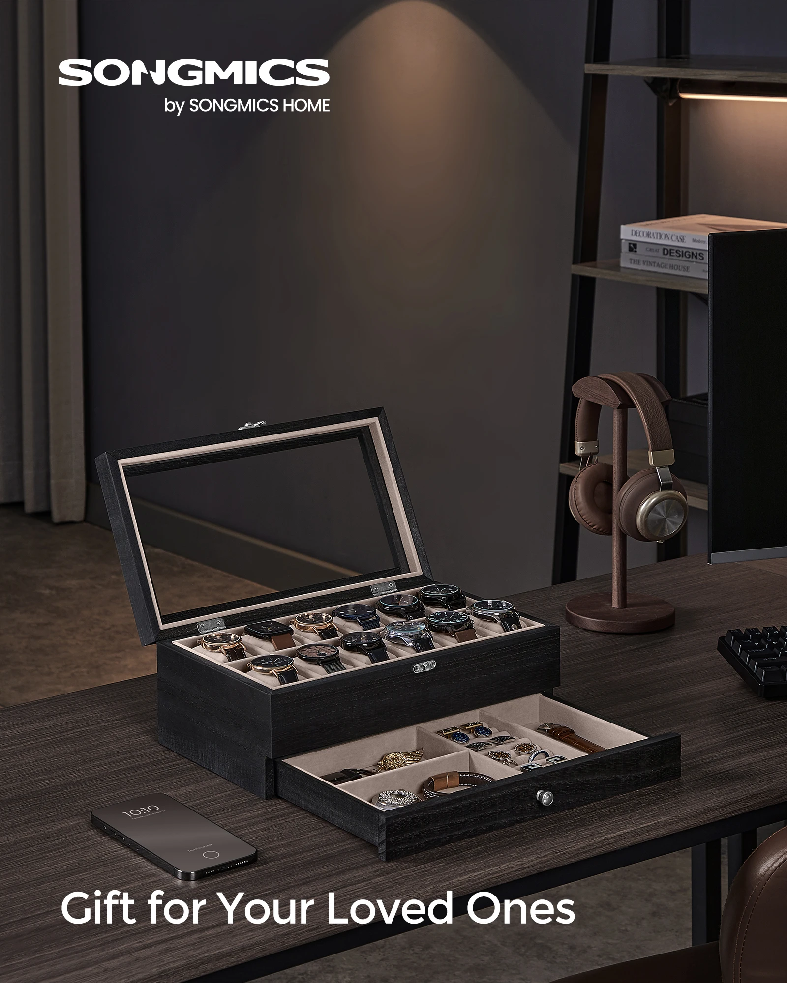 

SONGMICS 12-Slot Watch Box, 2-Tier Watch Display Case with Large Glass Lid, Removable Watch Pillows, Velvet Lining, Jewelry Box,