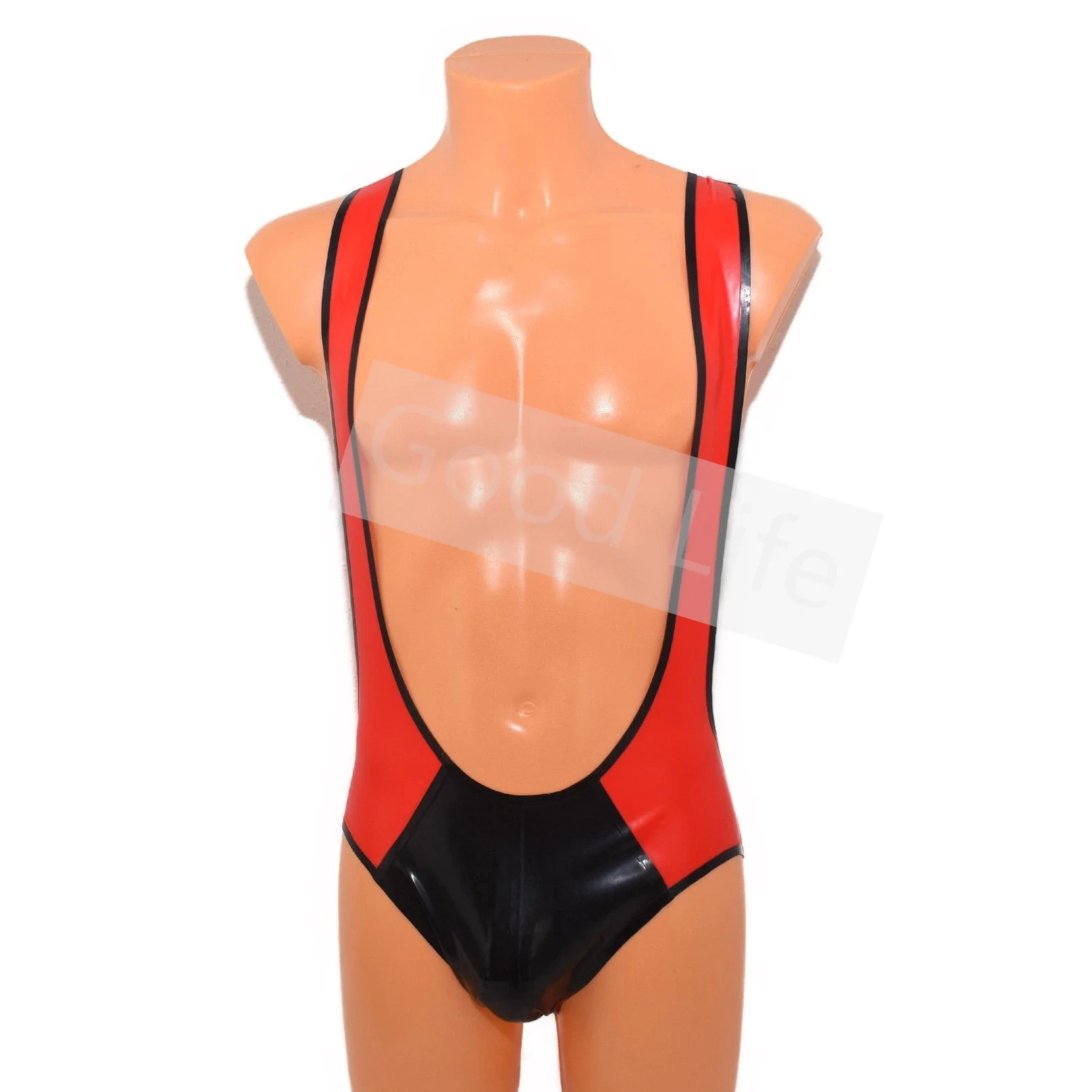 

New Style Fetish Latex Ringer Bodysuit Rubber Red With Black(Fixed) Decoration Swimsuit Gummi Latex Men's Leotard Beach Bikini