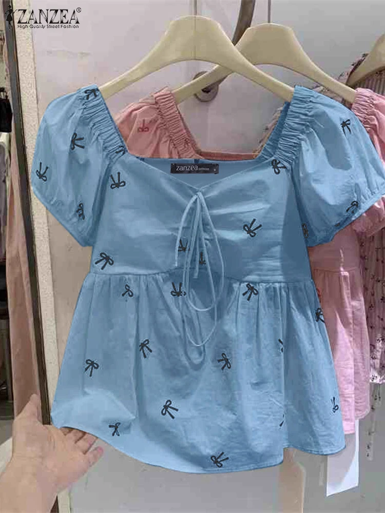 

Summer Shirt ZANZEA Fashion Bow Printed Blouses 2025 Women Short Puff Sleeve Elegant Casual Loose V-Neck Bandage Bohemian Blusas