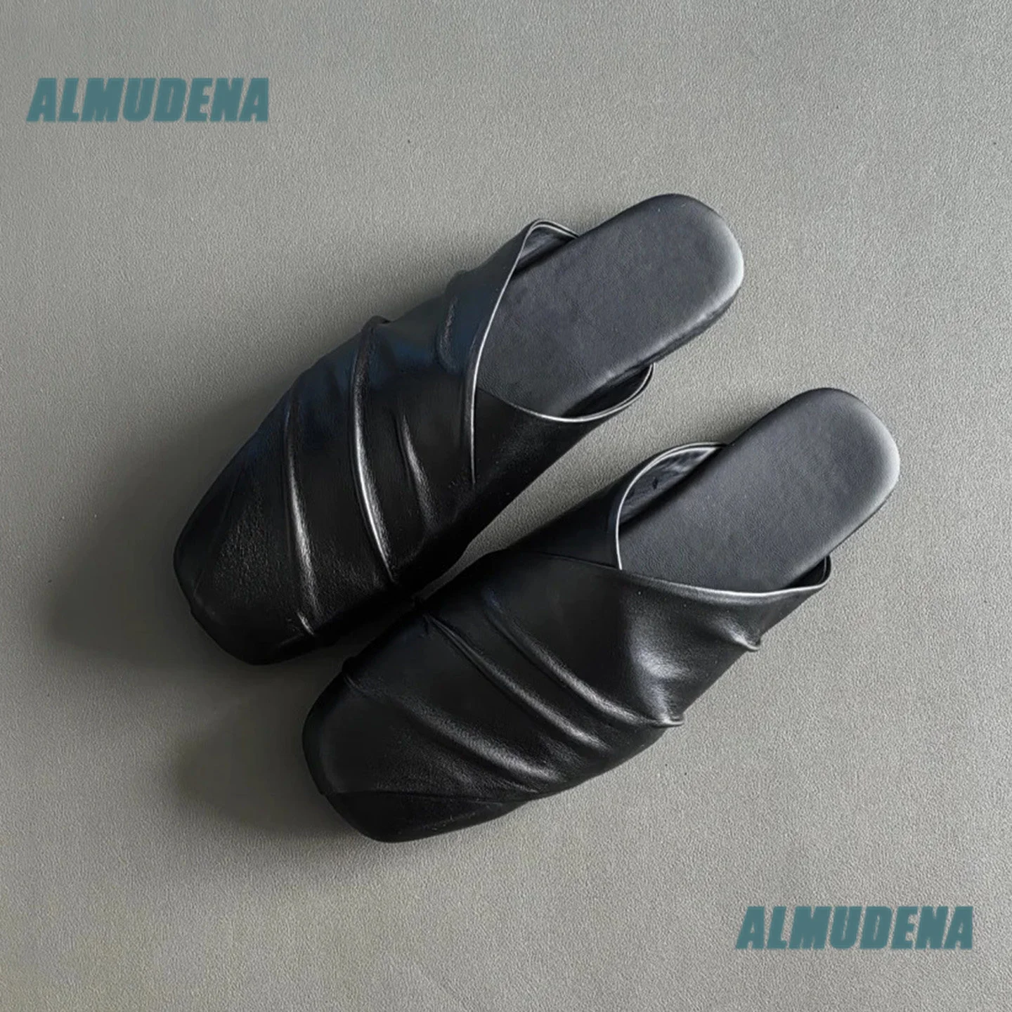 Men's Soft Leather Mule Slippers Square Toe Wrapped Crinkled Leather Backless Mules Slip On Casual Flat Trendy Men's Shoes