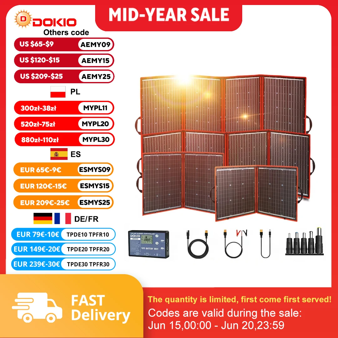 

Dokio Flexible Foldable 18V Solar Panel High Efficience Travel & Phone & Boat Portable 12V 80-295w Solar Panel Kit