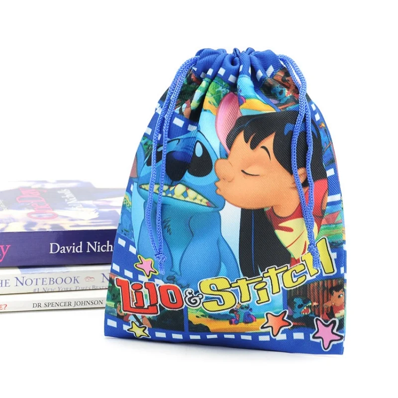 Disney Cartoon Lilo&Stitch Drawstring Pocket Figure Cute Mickey Mouse Princess Series Prints Drawstring Organizer Book Bag Gifts