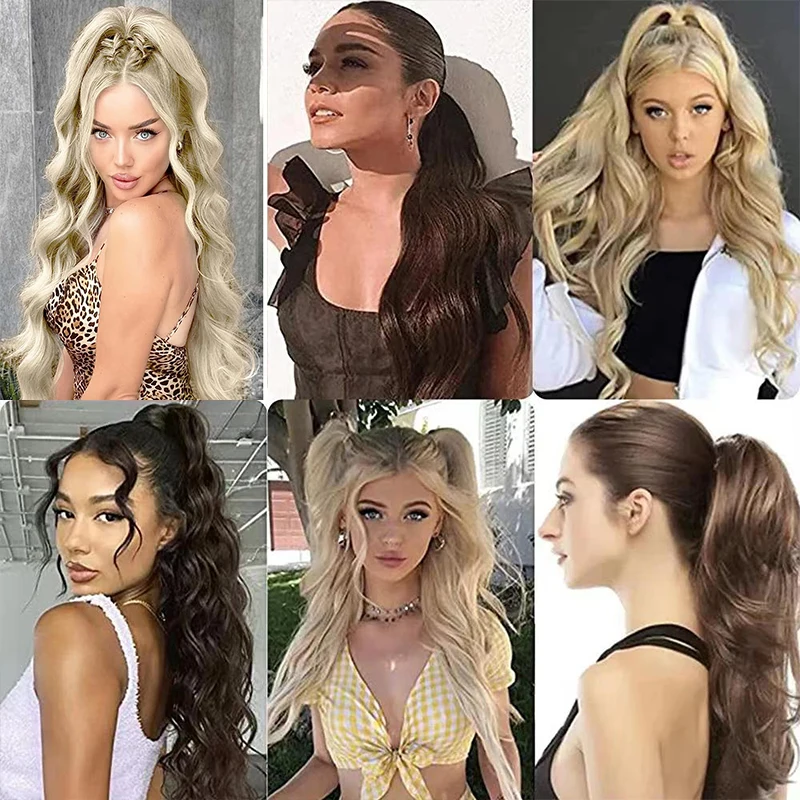 Extensões sintéticas do cabelo do rabo de cavalo para mulheres, longas, onduladas, flexíveis, envoltório ao redor, cabelo falso, rabo de cavalo, encaracolado, louro, peruca